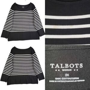 Talbots Shirt Black White Stripe Women’s Plus Size 2X Cotton Tee Long Sleeve